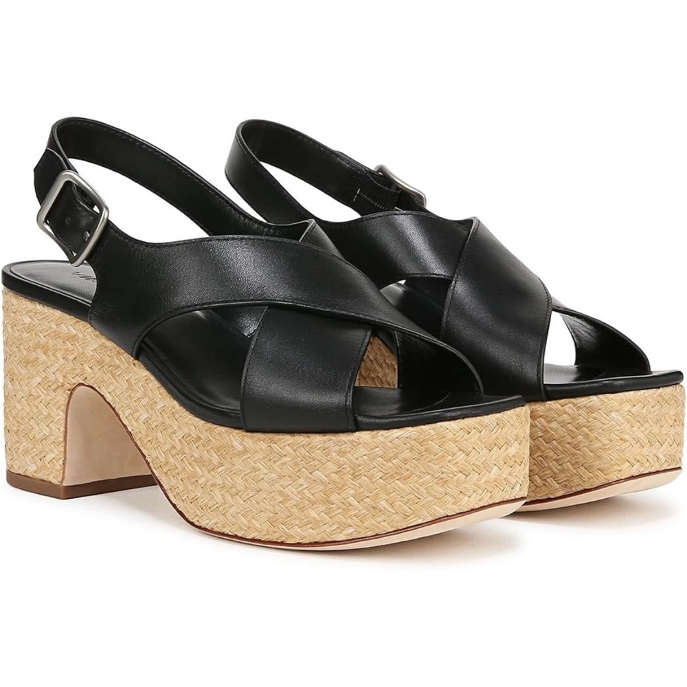 Vince Women's Clementina Heeled Sandal Black Leather Platform Slingback Raffia 5